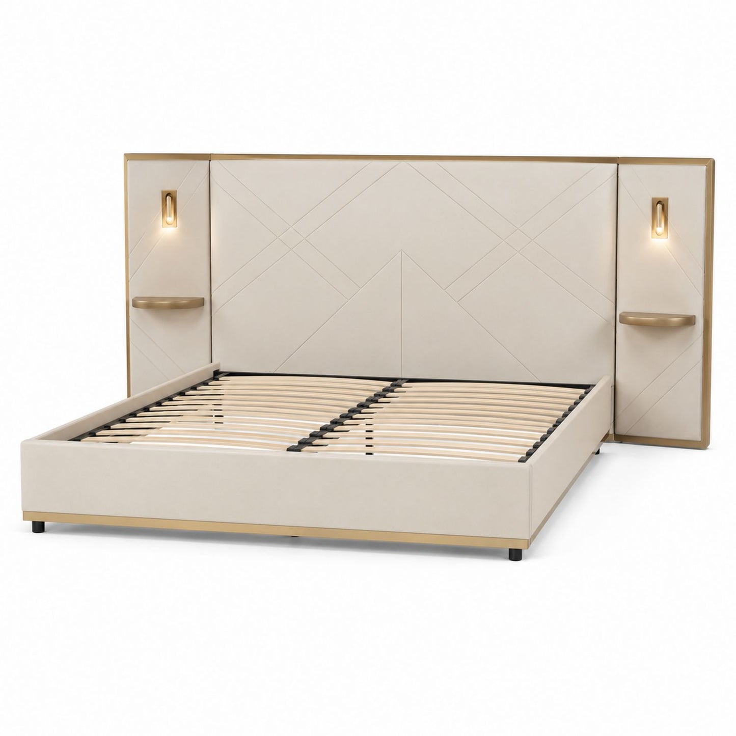 Łóżko tapicerowane z zagłówkiem i półkami LED beżowe 200x160 cm