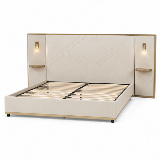 Łóżko tapicerowane z zagłówkiem i półkami LED beżowe 200x160 cm